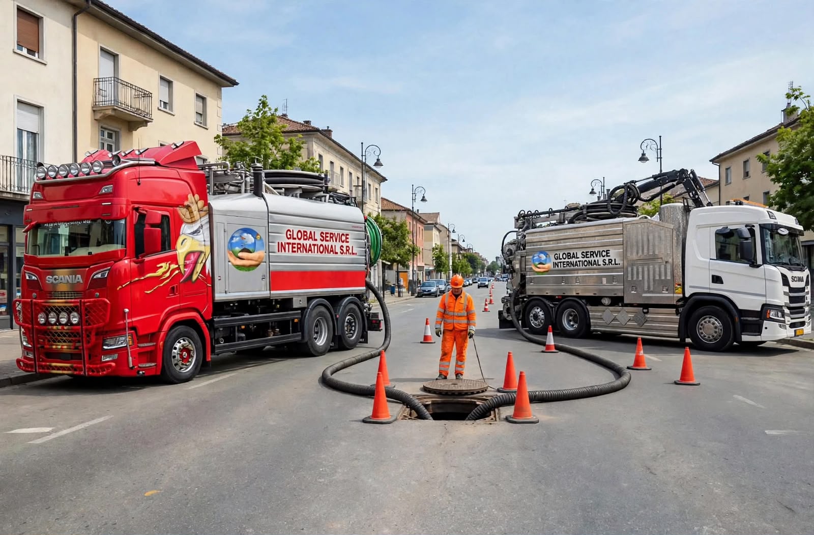 Due autospurghi Global Service International al lavoro su un tombino stradale